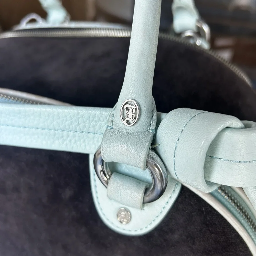 Rare Vintage Y2K Juicy Couture Dog Carrier Ice Blue Velour Blingy Bowling Bag Sm